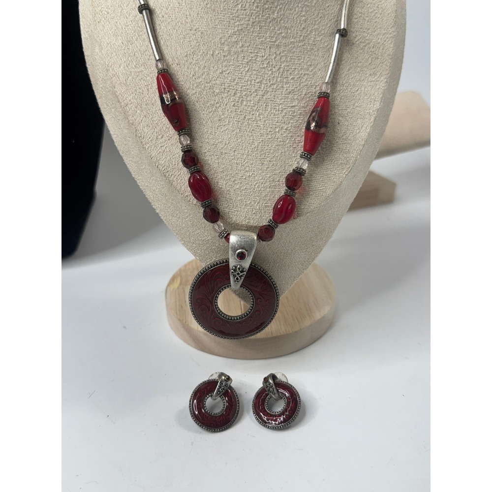 Red Enamel Silver Tone Beaded Necklace and Stud Earrings Jewelry Set Boho
